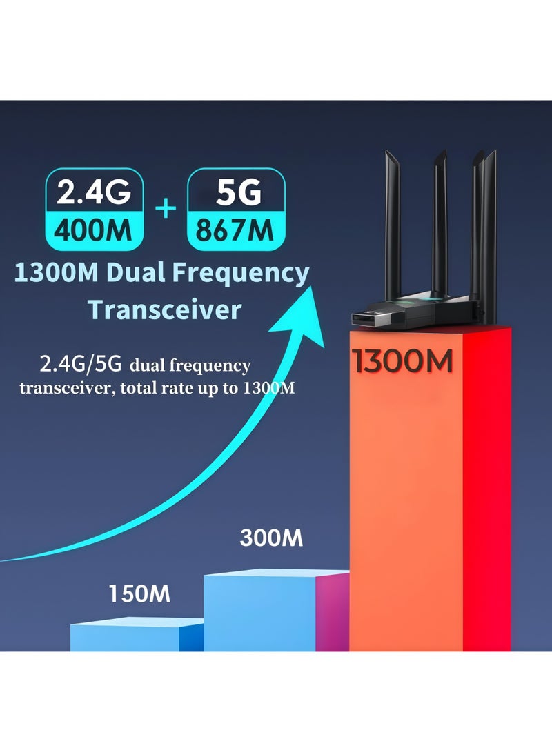 أورييل محول واي فاي لاسلكي AC1300 USB - مستقبل لاسلكي خارجي ثنائي النطاق 2.4 جيجاهرتز/5 جيجاهرتز بسرعة 1300 ميجابت في الثانية، بطاقة شبكة لاسلكية، واي فاي 5، منفذ USB 3.0، تقنية MU-MIMO، متوافق مع أجهزة الكمبيوتر المكتبية والمحمولة، أنظمة التشغيل ويندوز 11/10/8.1/8/7/XP، لا يحتاج إلى تعريفات، يعمل بمجرد التوصيل والتشغيل - Image 2